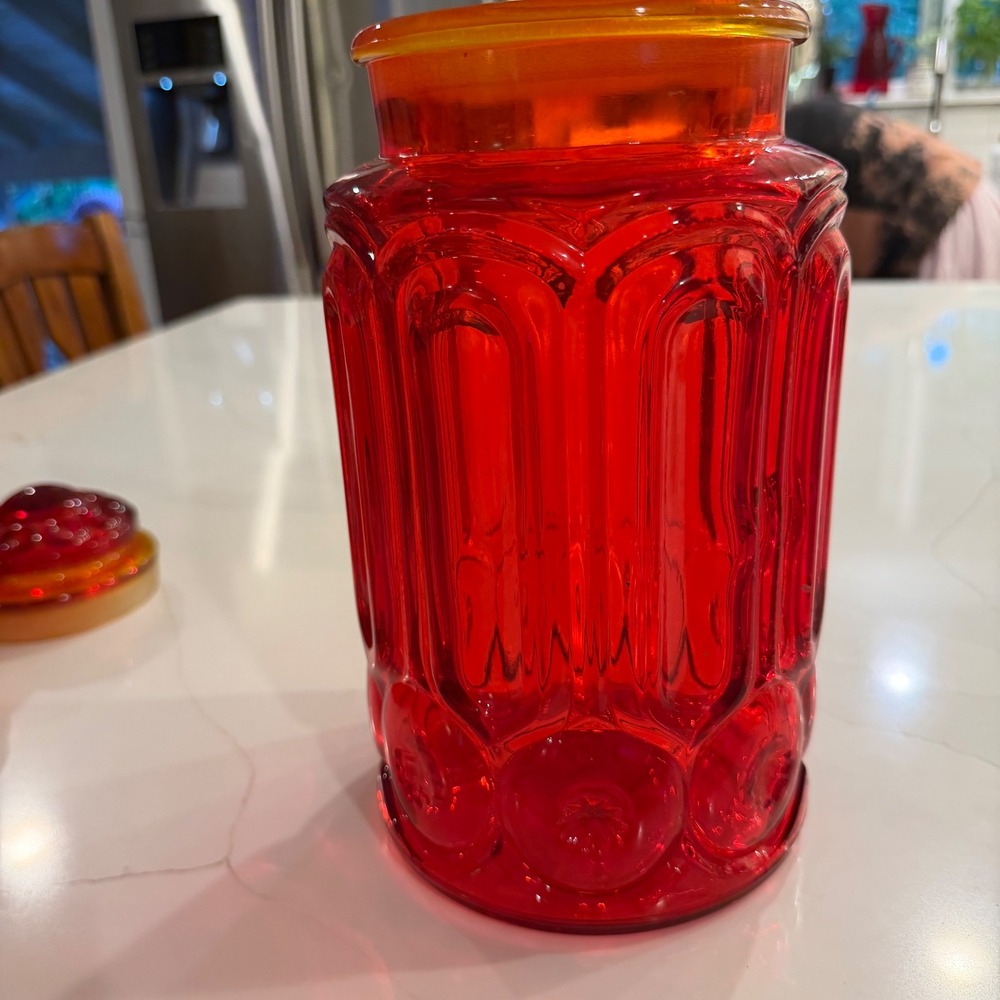 Vintage Amberina Moon and Stars Glass Canister Red Yellow MCM Jar